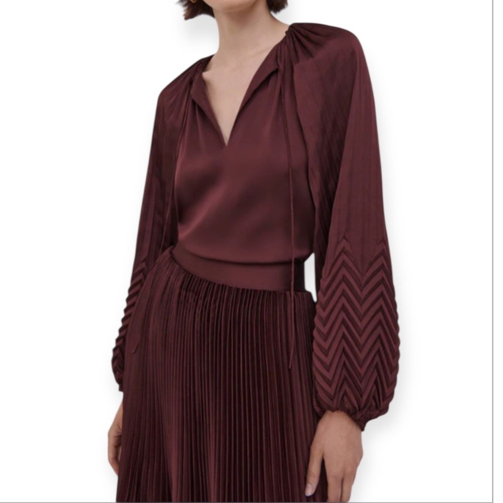 Jonathan Simkhai Wanda Pleated Blouse In Mulberry Size 6 - Picture 9 of 10